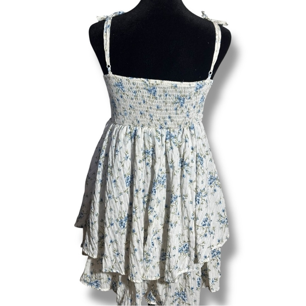 Unbranded White and Blue Floral Layered Tie Straps Empire Waist Babydoll Dress - Picture 8 of 16